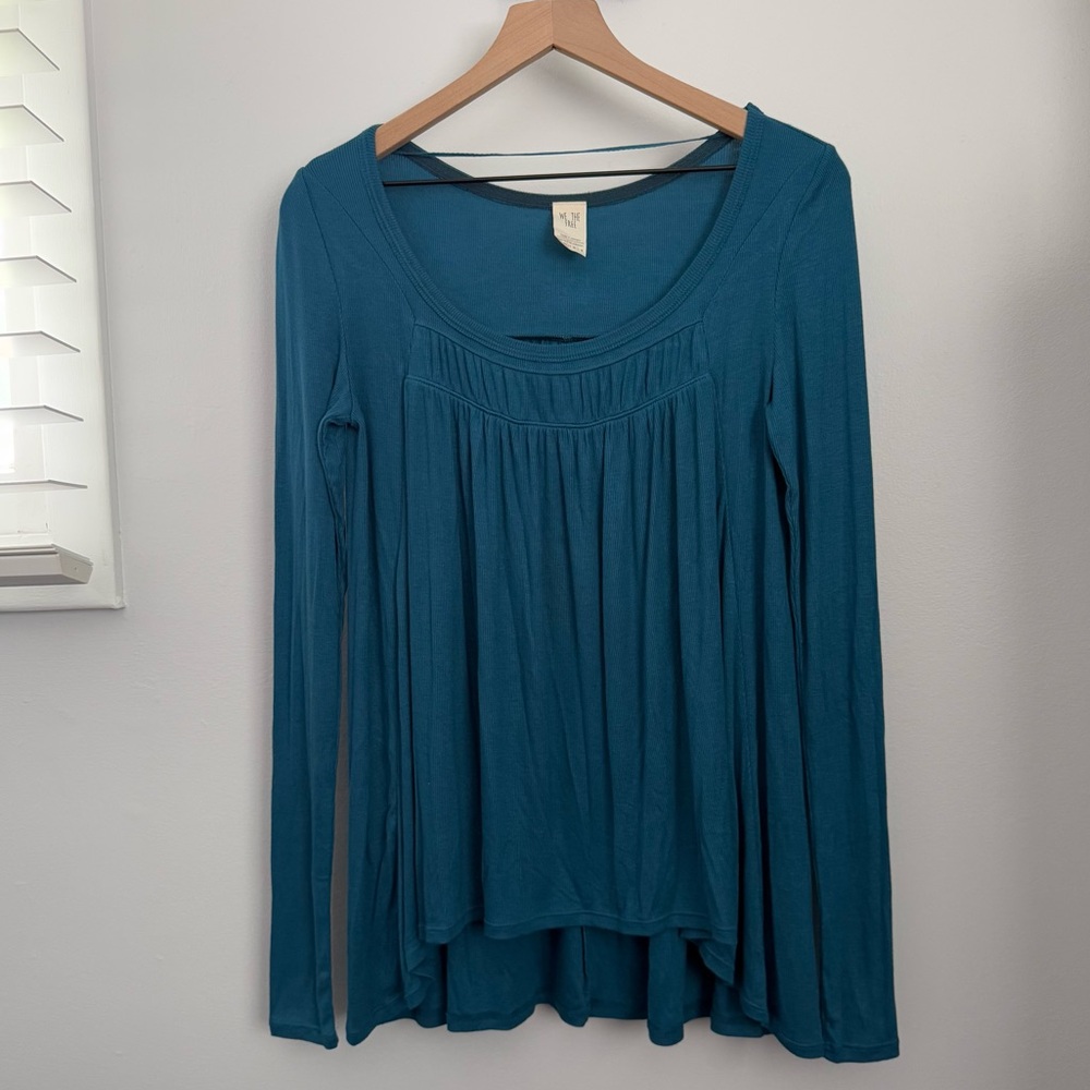 Free People XS Babydoll Swing Top‎ Rib Long Sleeve Ruch Neckline Teal Blue Fall